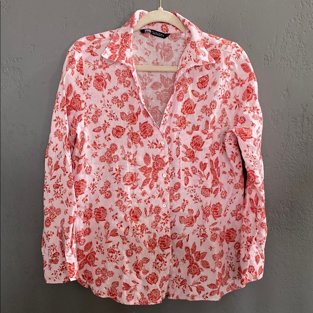 Zara Pink and Red Floral Button-Down Shirt